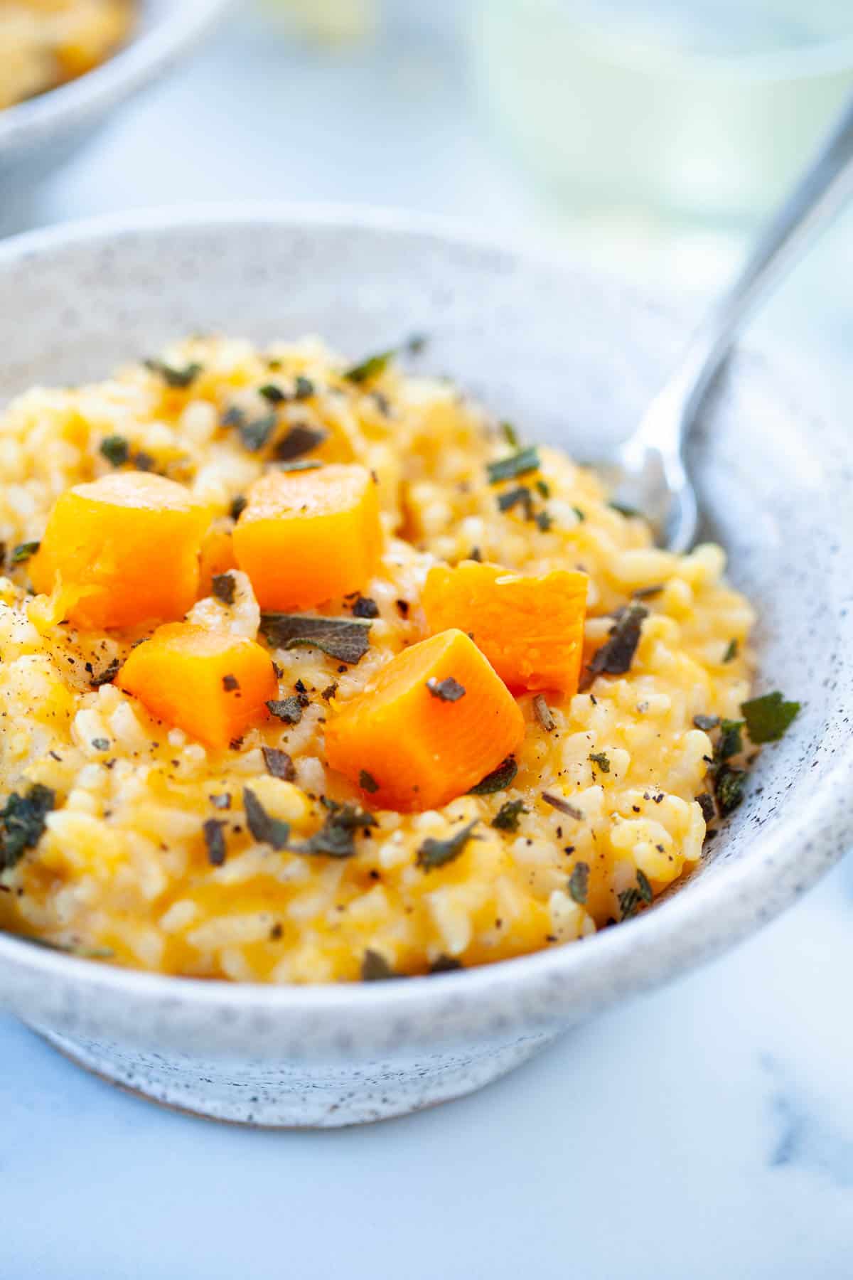 butternut squash risotto in grey speckled bowl with butternut squash cubes, sage, and pepper on top
